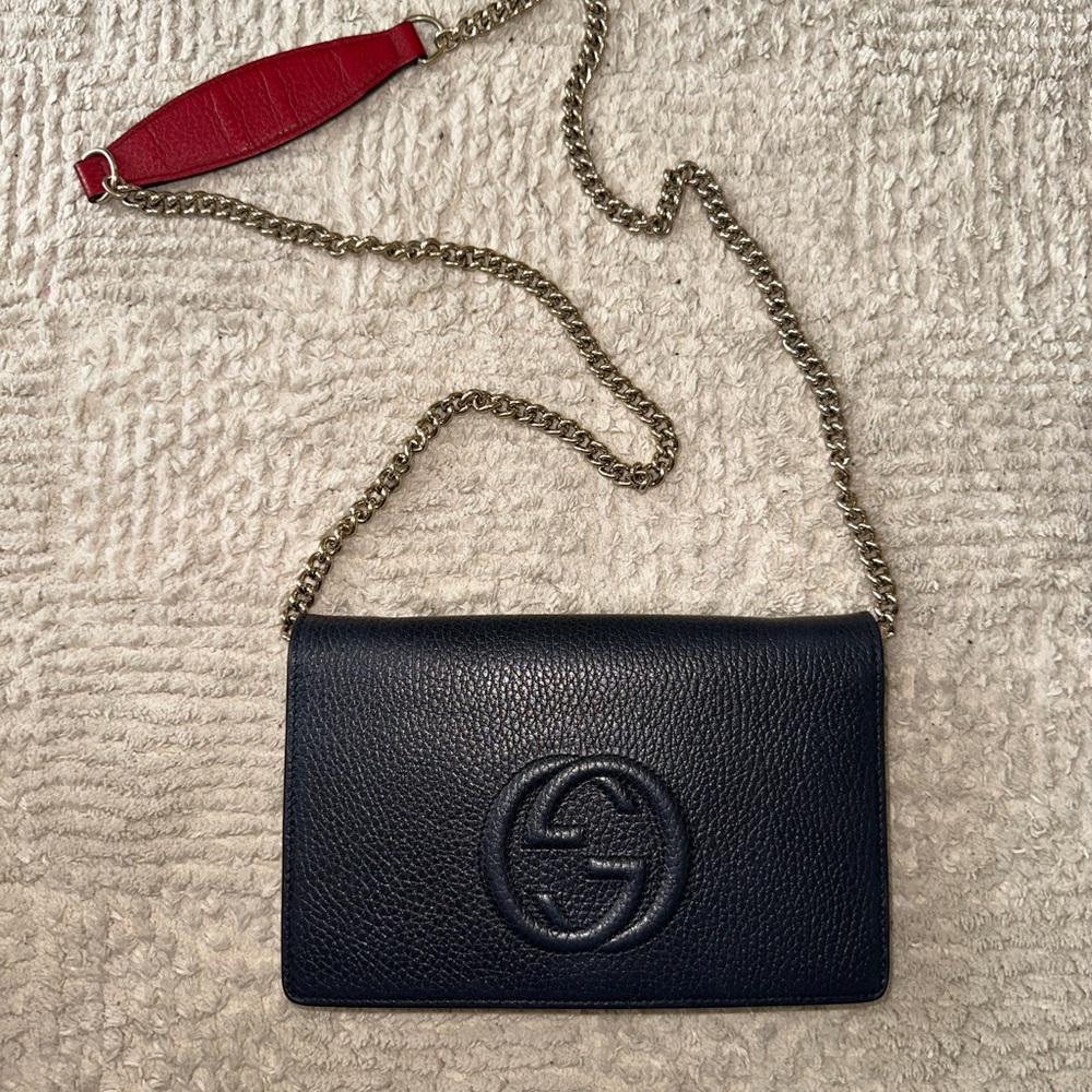 Gucci Navy Leather Crossbody with Gold Chain